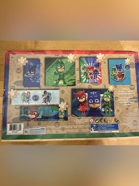 PJ Masks Kids Puzzle Set in Wooden Box.  7 puzzles 108 pieces counted confirmed